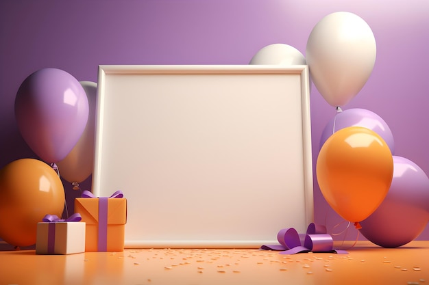 a white board on a purple background with gifts and balloons