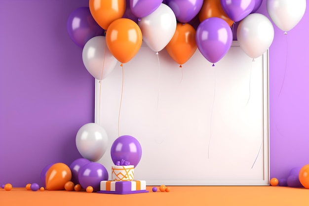 a white board on a purple background with gifts and balloons