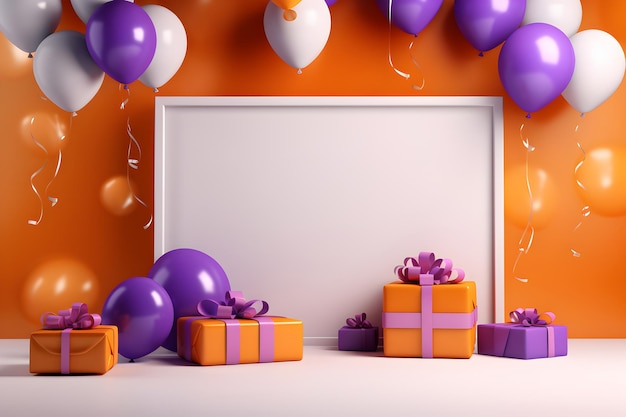 a white board on a purple background with gifts and balloons