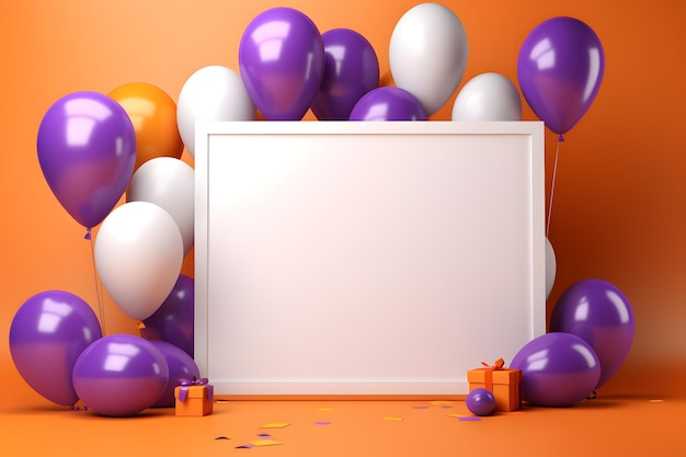 a white board on a purple background with gifts and balloons