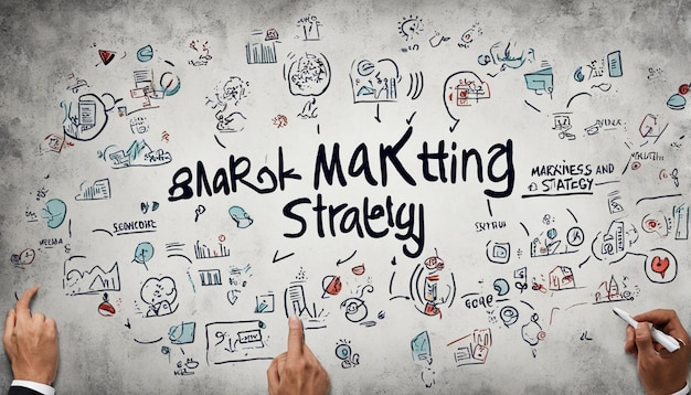 Photo a white board with a hand pointing at a graph that says quot marketing strategy quot