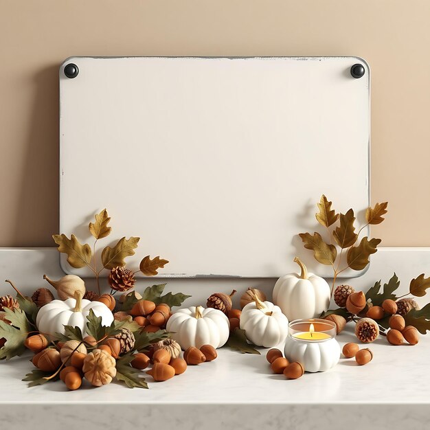 Photo a white board with pumpkins and gourds on it