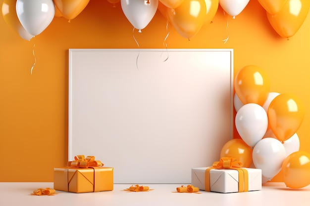 a white board on a yellow background with gifts and balloons