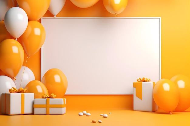 a white board on a yellow background with gifts and balloons