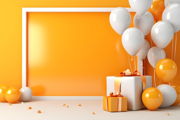 a white board on a yellow background with gifts and balloons