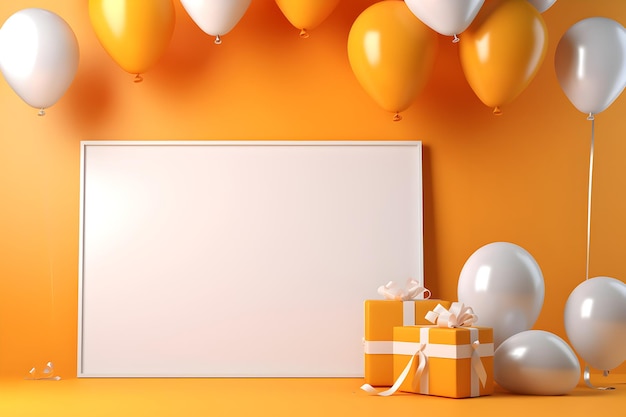 a white board on a yellow background with gifts and balloons