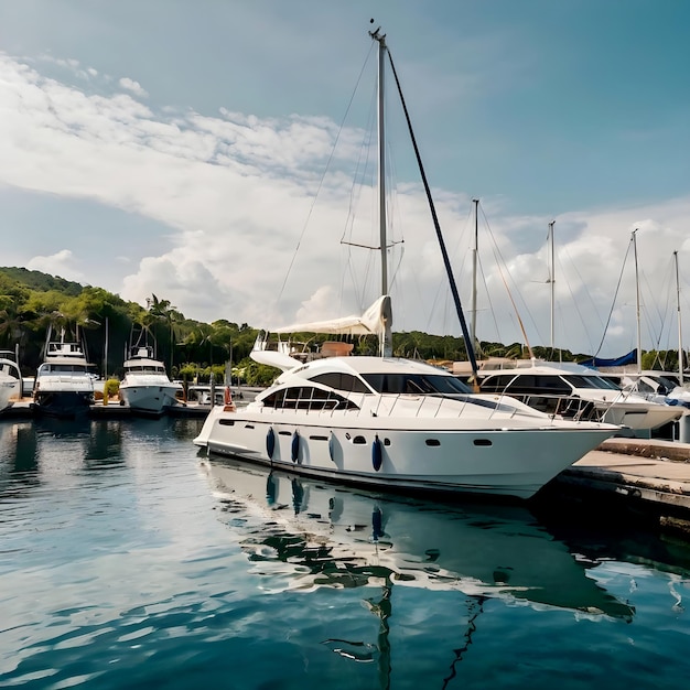 Photo white boat with the number x on the side is docked at a marina