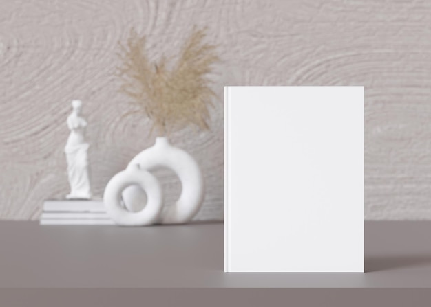 White book cover mock up with vase and other home accessories on sideboard Blank template for your design Front view closeup Book catalogue cover presentation 3D rendering