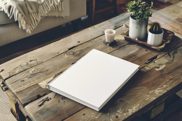 Photo a white book lies on a rustic wooden table surrounded by potted plants and a small candle