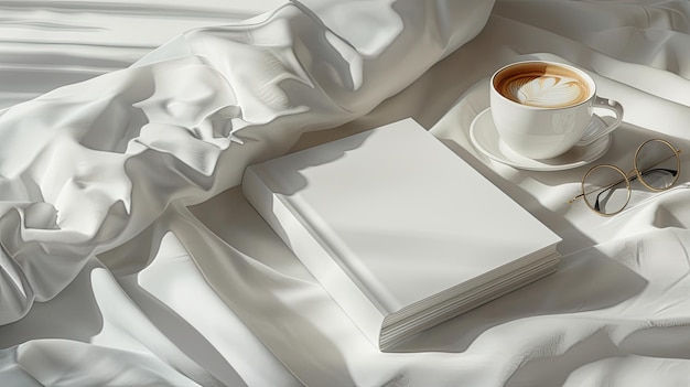 Photo a white book mockup accompanied by a steaming cup of coffee and a pair of glasses resting on a rumpled bed