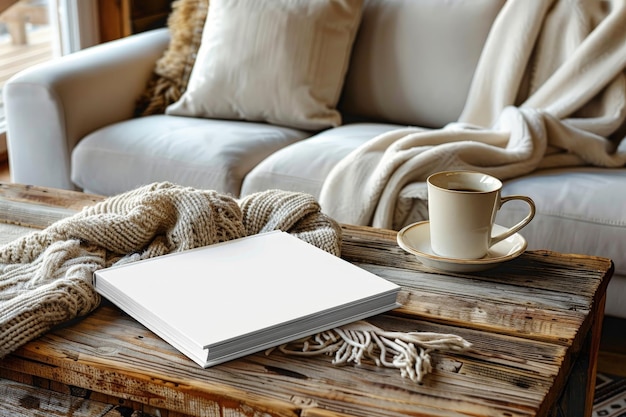 White book mockup on a wooden coffee table with a cup of coffee and a blanket