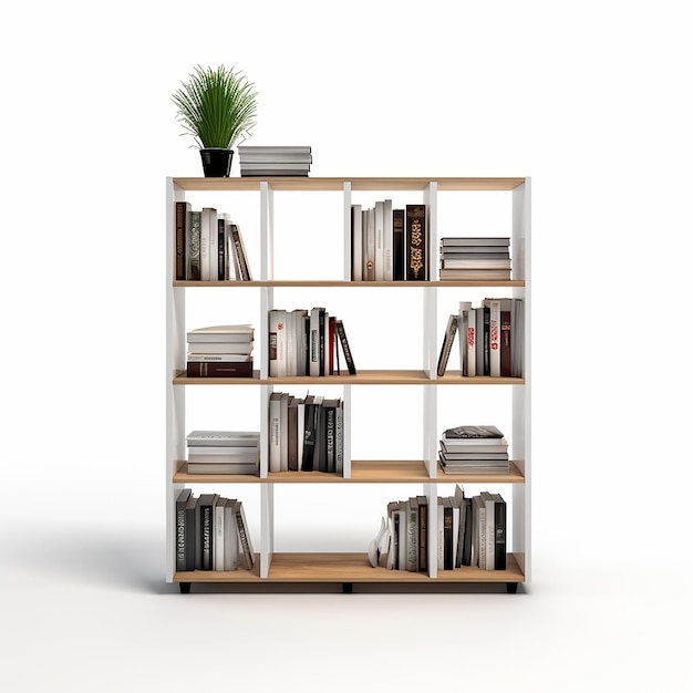 a white book shelf with books on it and a white background