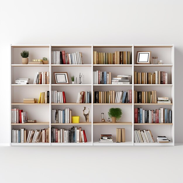 Photo a white book shelf with books on it and a white background