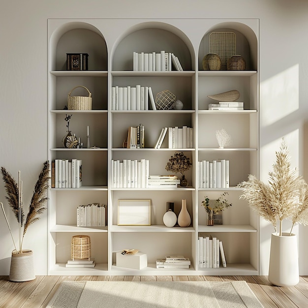 a white book shelf with a chair and a chair in the middle of it