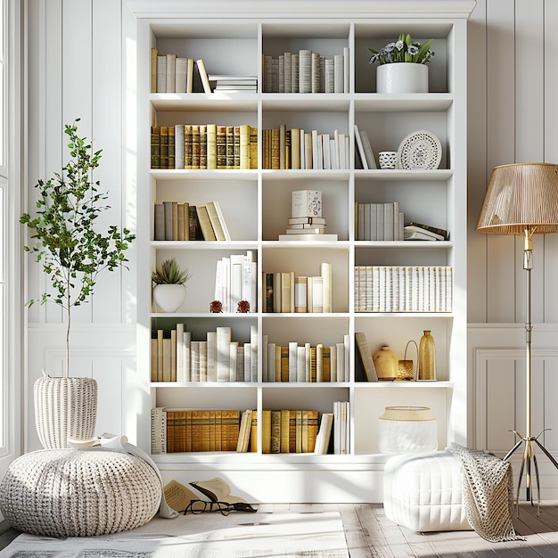 a white book shelf with a chair and a chair in the middle of it