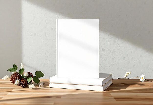 a white book on a table with a white cover and a vase with flowers