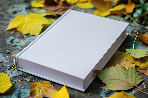 a white book with a white cover on it sits on a colorful surface