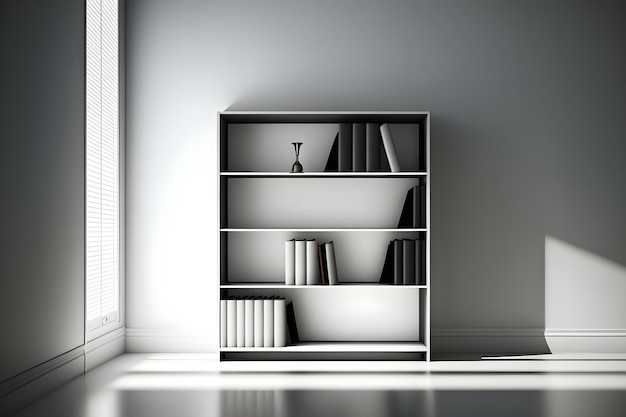 A white bookcase with books on it is in a room with a vase on the floor.