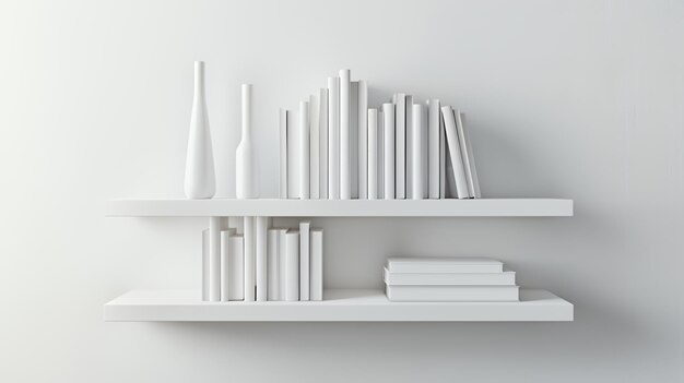 Photo white books and vases on white shelves