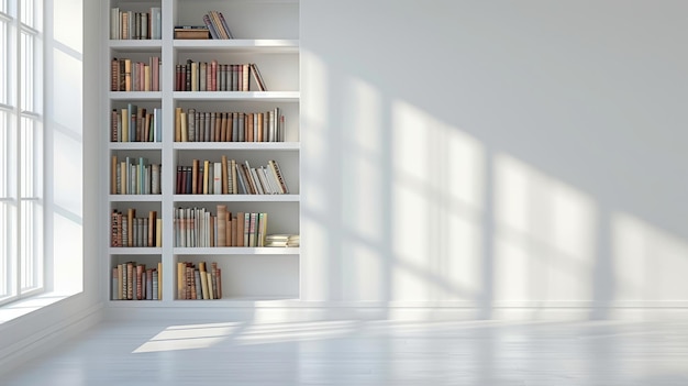 White bookshelf filled with books in a sunny room symbolizing reading organization and simplicity