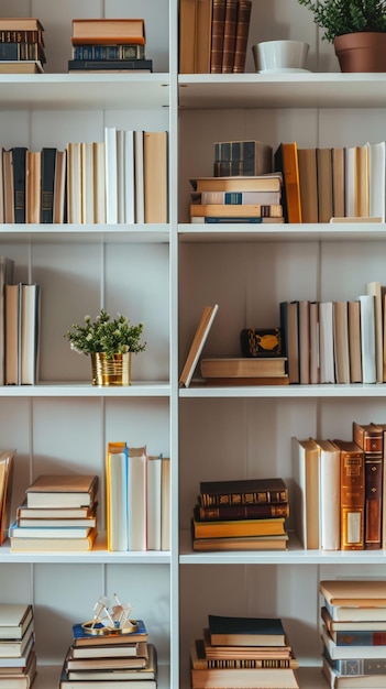 White bookshelves organized with books and decor items including potted plants and gold accents