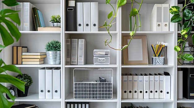 White bookshelves with black and white documents a small plastic box in the middle of one shelf cont