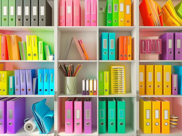 White Bookshelves with Colorful Office Stationery Items