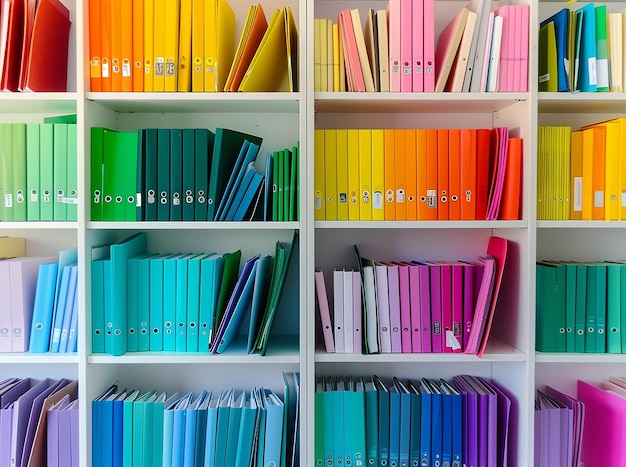 White Bookshelves with Colorful Office Stationery Items