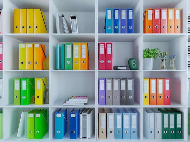 White Bookshelves with Colorful Office Stationery Items