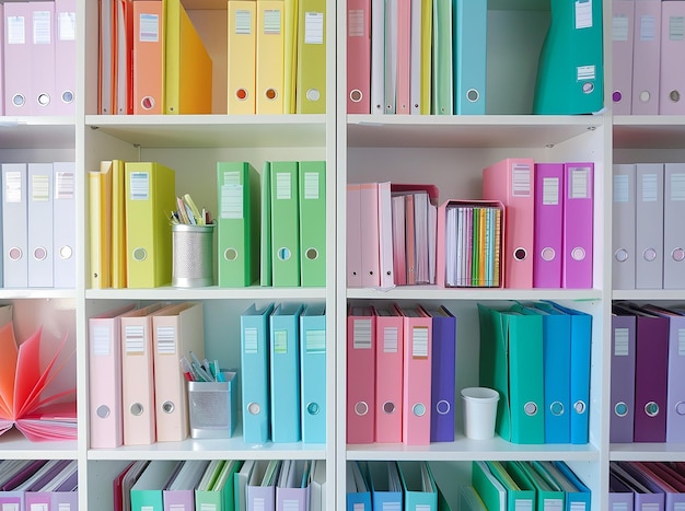 White Bookshelves with Colorful Office Stationery Items