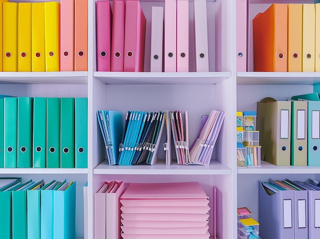 White Bookshelves with Colorful Office Stationery Items