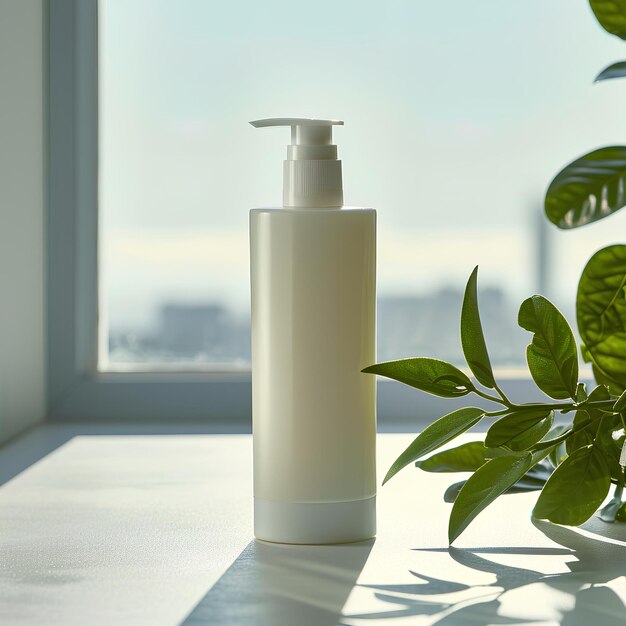 A white bottle of a body wash in a window with a plant