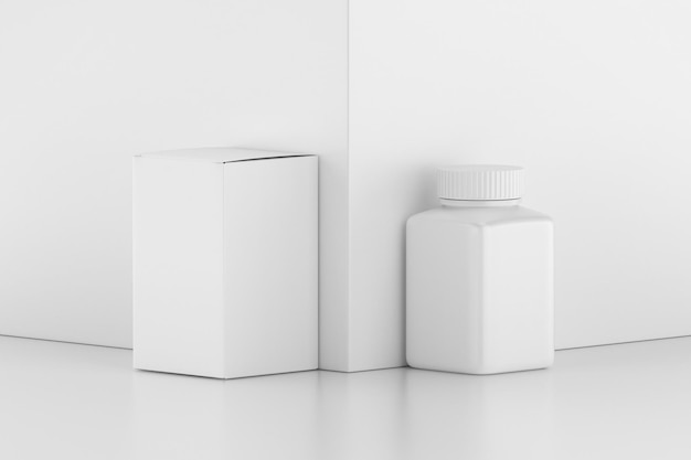 White bottle and box on a white background