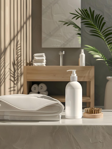 A white bottle of liquid and a brush on a counter