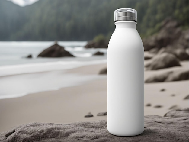 a white bottle of milk sits on a beach with the ocean in the background