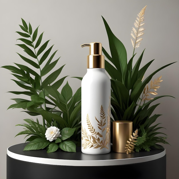 a white bottle of perfume sits on a table with a plant in the background