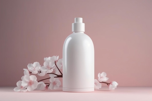 A white bottle of perfume with a pink background and a branch of flowers.