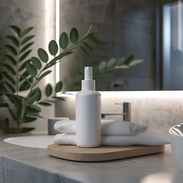 a white bottle of shampoo sits on a tray next to a white towel