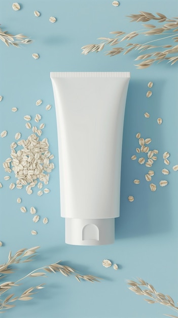 White bottle tube mockup facial wash mockup for skincare product treatment flower oats decoration