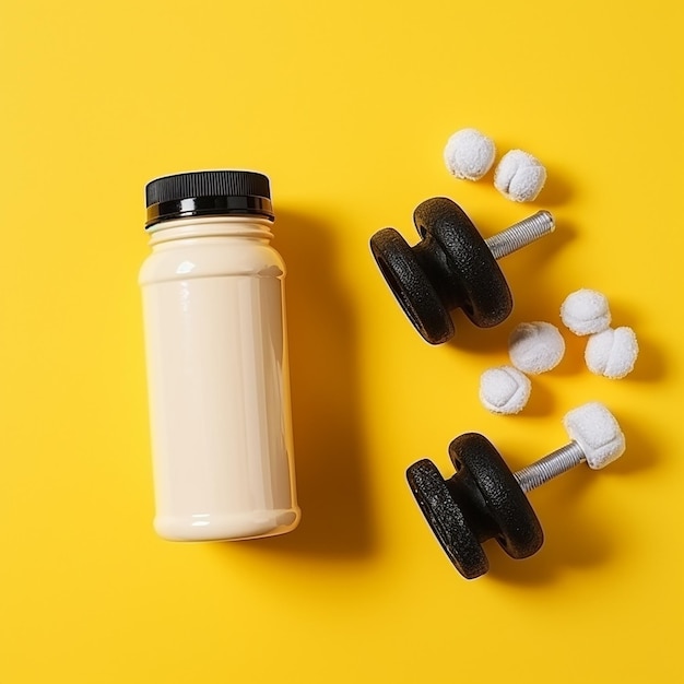 A white bottle of water two black dumbbells and five white balls arranged on a yellow background