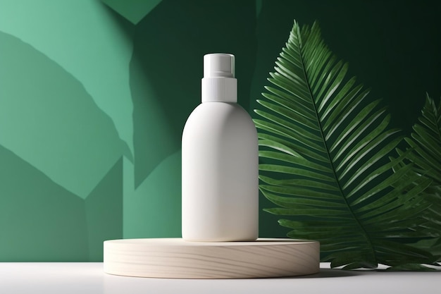 A white bottle of white hand sanitizer sits on a white table next to a green wall.