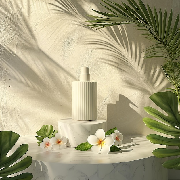 a white bottle of white soap sits on a table with flowers and leaves