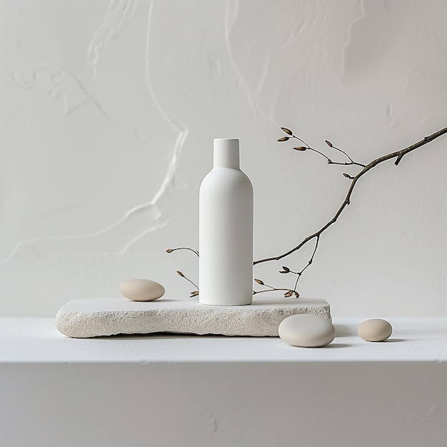 a white bottle of white soap sits on a white shelf