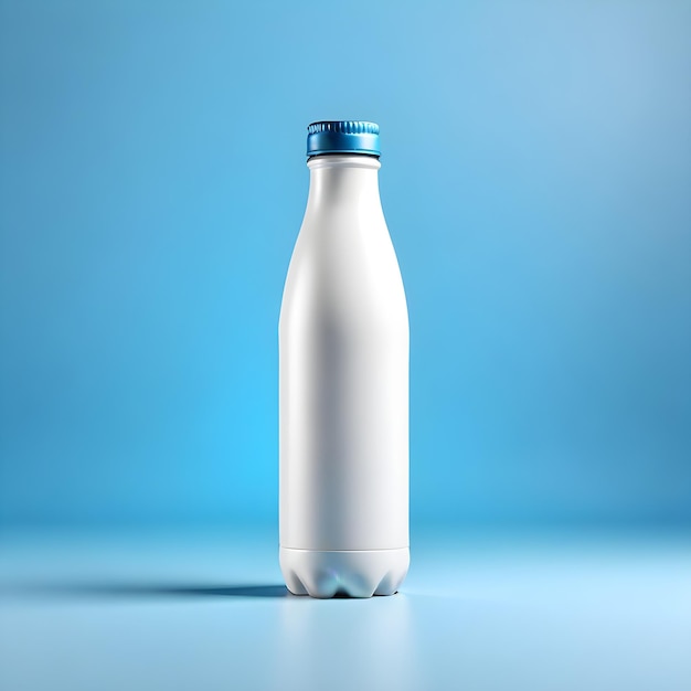 a white bottle with a blue cap sits on a table