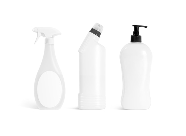 White bottle with cleaning agent. Tube and pulverizer pack with disinfect liquid. Cleanser soap.