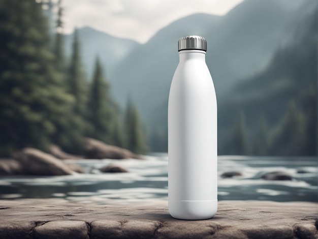 a white bottle with a silver cap sits on a rock in front of a mountain