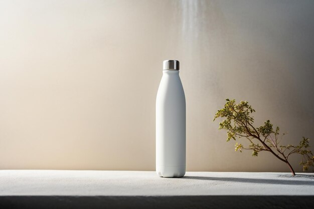 a white bottle with a silver cap sits on a table.