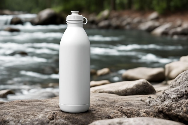 Photo a white bottle with a silver handle sits on a rock by a river