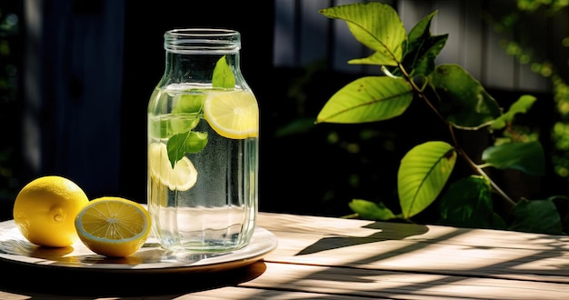 the white bottle with water and a slice of lemon sits on a wooden table in the style of a tranquil