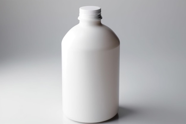 A white bottle with a white cap sits on a white surface.